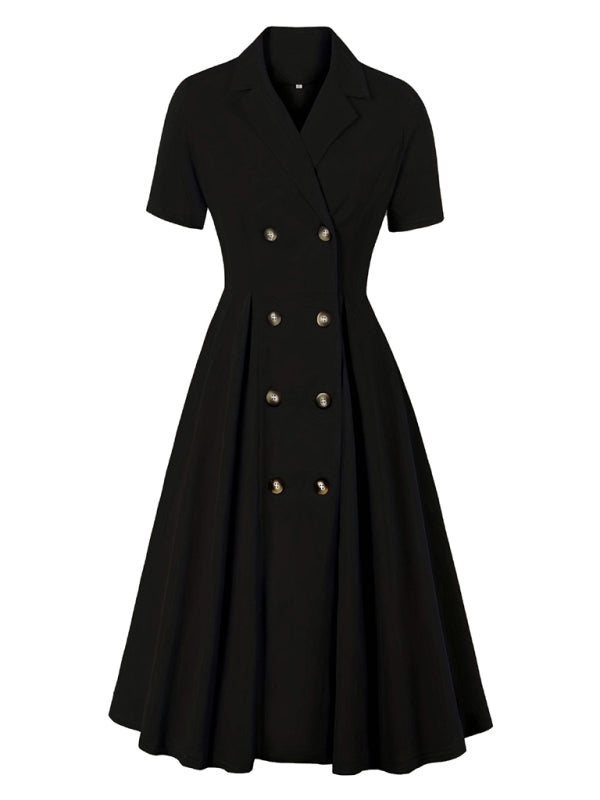 Ladies solid color suit collar dress-[Adult]-[Female]-Black-S-2022 Online Blue Zone Planet