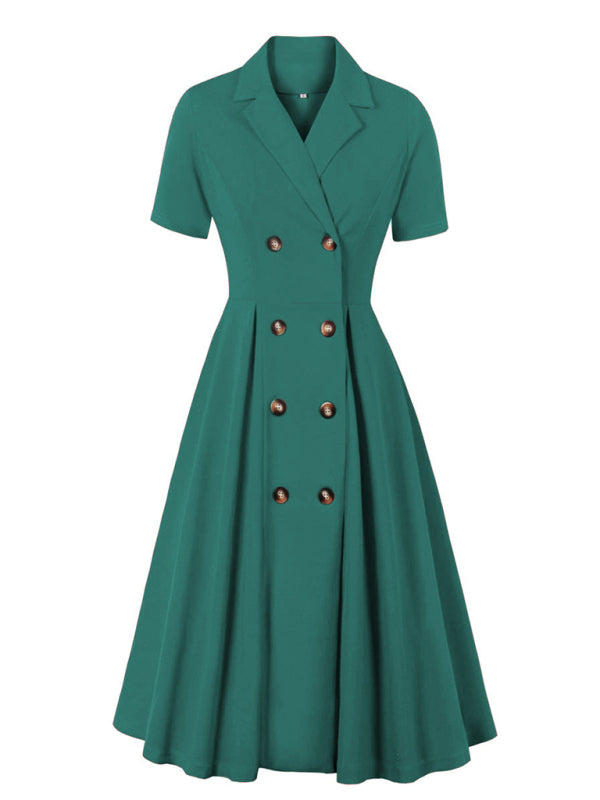 Ladies solid color suit collar dress-[Adult]-[Female]-Green-S-2022 Online Blue Zone Planet