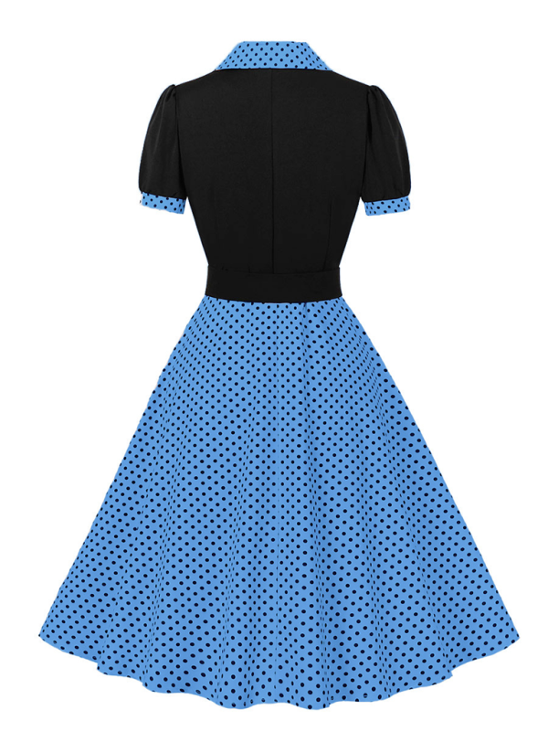 Ladies fashion polka dot lapel short sleeve belt slim dress-[Adult]-[Female]-2022 Online Blue Zone Planet