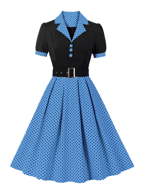 Ladies fashion polka dot lapel short sleeve belt slim dress-[Adult]-[Female]-Blue-S-2022 Online Blue Zone Planet