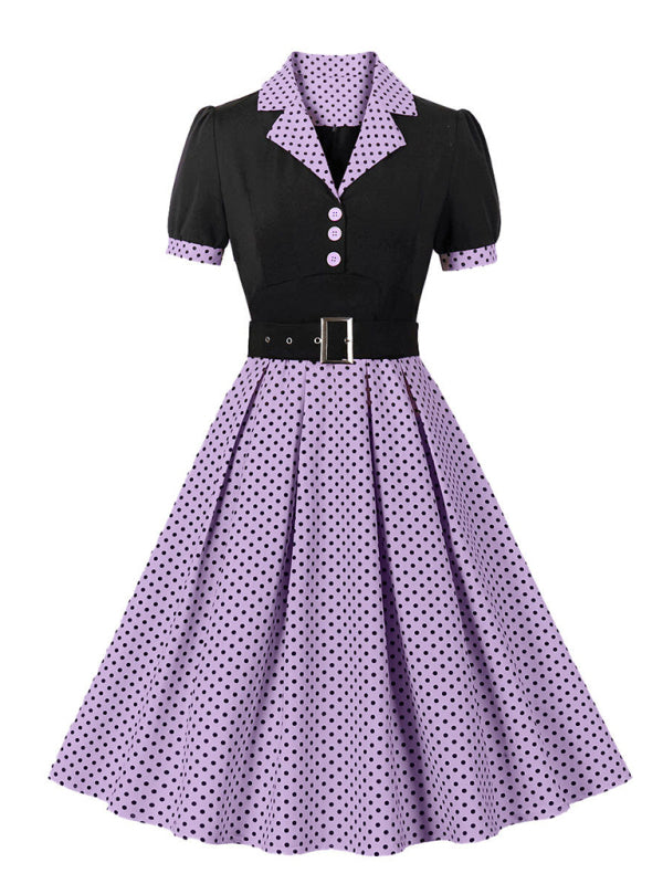 Ladies fashion polka dot lapel short sleeve belt slim dress-[Adult]-[Female]-Purple-S-2022 Online Blue Zone Planet