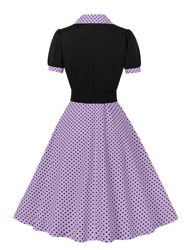 Ladies fashion polka dot lapel short sleeve belt slim dress-[Adult]-[Female]-2022 Online Blue Zone Planet