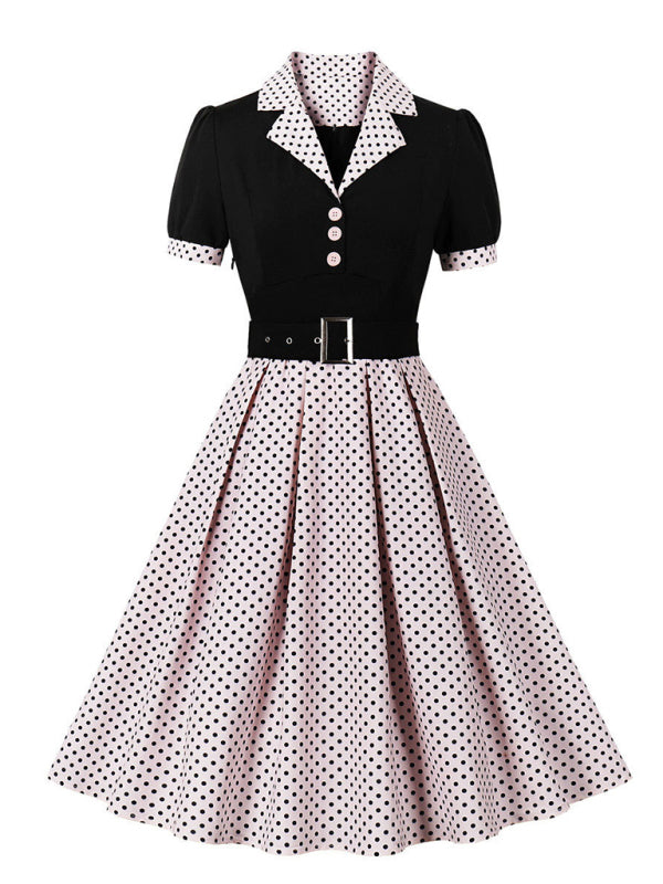 Ladies fashion polka dot lapel short sleeve belt slim dress-[Adult]-[Female]-Pink-S-2022 Online Blue Zone Planet