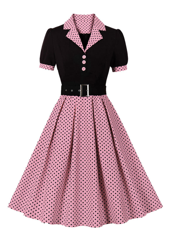 Ladies fashion polka dot lapel short sleeve belt slim dress-[Adult]-[Female]-Rose-S-2022 Online Blue Zone Planet