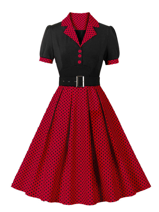 Ladies fashion polka dot lapel short sleeve belt slim dress-[Adult]-[Female]-Red-S-2022 Online Blue Zone Planet