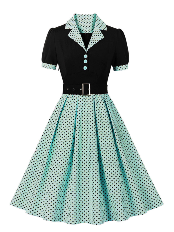 Ladies fashion polka dot lapel short sleeve belt slim dress-[Adult]-[Female]-Spearmint viridis-S-2022 Online Blue Zone Planet