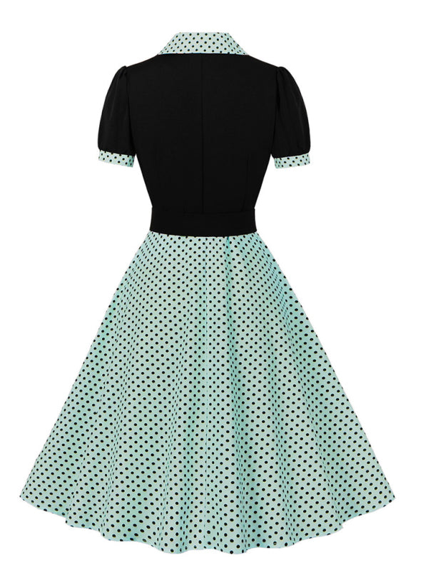 Ladies fashion polka dot lapel short sleeve belt slim dress-[Adult]-[Female]-2022 Online Blue Zone Planet