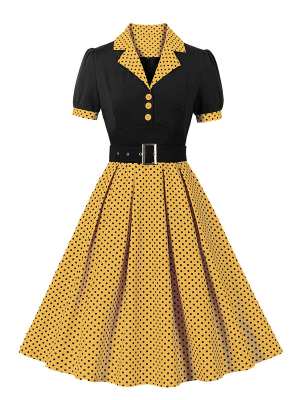 Ladies fashion polka dot lapel short sleeve belt slim dress-[Adult]-[Female]-Yellow-S-2022 Online Blue Zone Planet