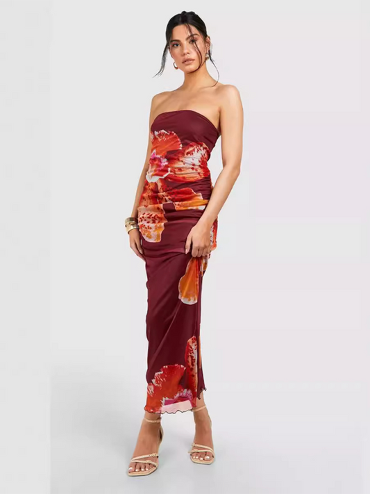 tight tube top sleeveless dress mesh pleated print-[Adult]-[Female]-Brick red-S-2022 Online Blue Zone Planet