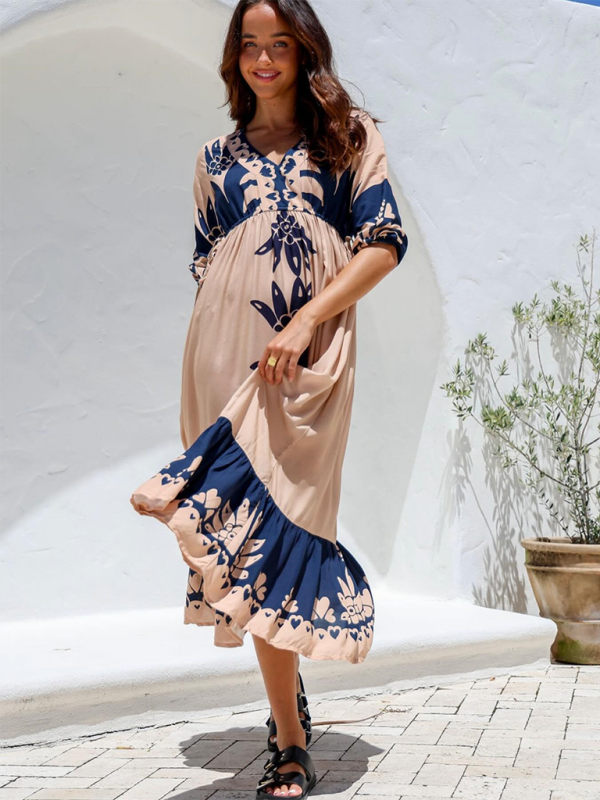Botanical Print Drawstring Half Sleeve Loose Midi Dress - Blue Zone Cracker Khaki / L by Blue Zone Planet Botanical Print Drawstring Half Sleeve Loose Midi Dress - Blue Zone Cracker Khaki / L by Blue Zone Planet