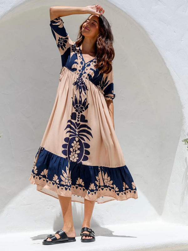 Printed Drawstring Dress Half Sleeve Fashion Loose Dress-[Adult]-[Female]-2022 Online Blue Zone Planet