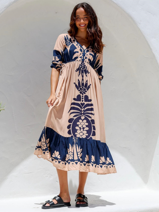 Printed Drawstring Dress Half Sleeve Fashion Loose Dress-[Adult]-[Female]-Cracker khaki-S-2022 Online Blue Zone Planet