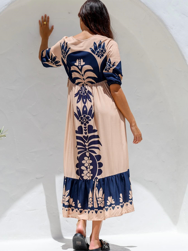 Printed Drawstring Dress Half Sleeve Fashion Loose Dress-[Adult]-[Female]-2022 Online Blue Zone Planet