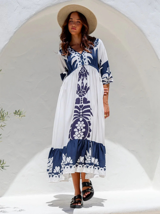 Printed Drawstring Dress Half Sleeve Fashion Loose Dress-[Adult]-[Female]-White-S-2022 Online Blue Zone Planet