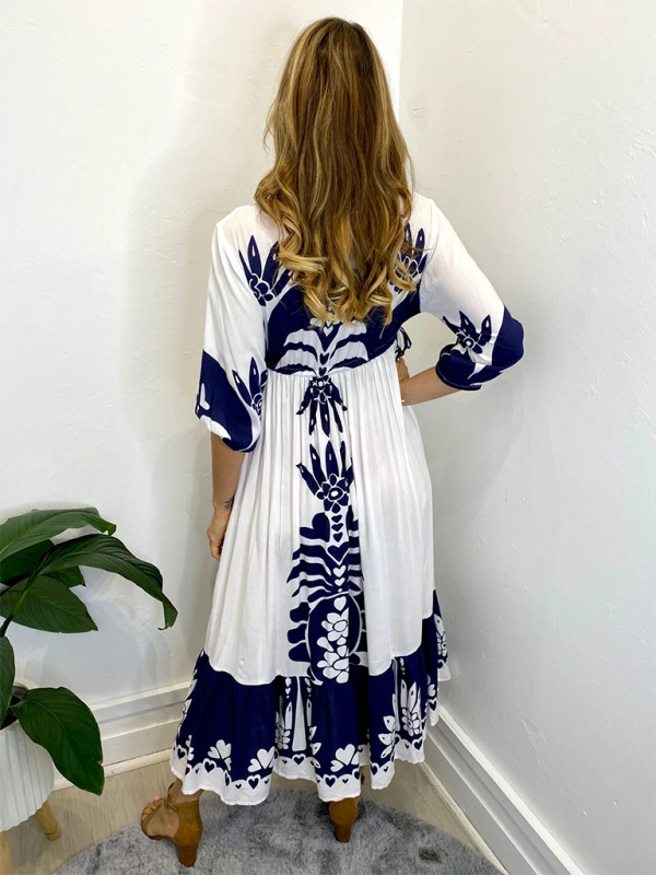 Printed Drawstring Dress Half Sleeve Fashion Loose Dress-[Adult]-[Female]-2022 Online Blue Zone Planet