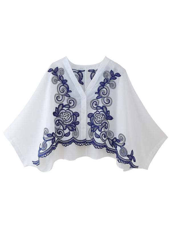 V-neck embroidered contrast bat sleeve shirt-TOPS / DRESSES-[Adult]-[Female]-White-XS-2022 Online Blue Zone Planet