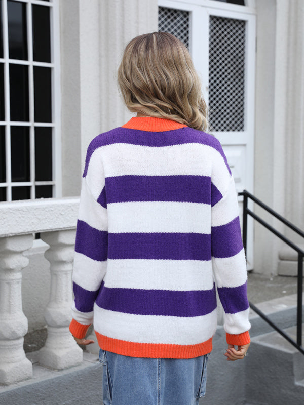 Blue Zone Planet | Ladies round neck long sleeve striped sweater-TOPS / DRESSES-[Adult]-[Female]-2022 Online Blue Zone Planet