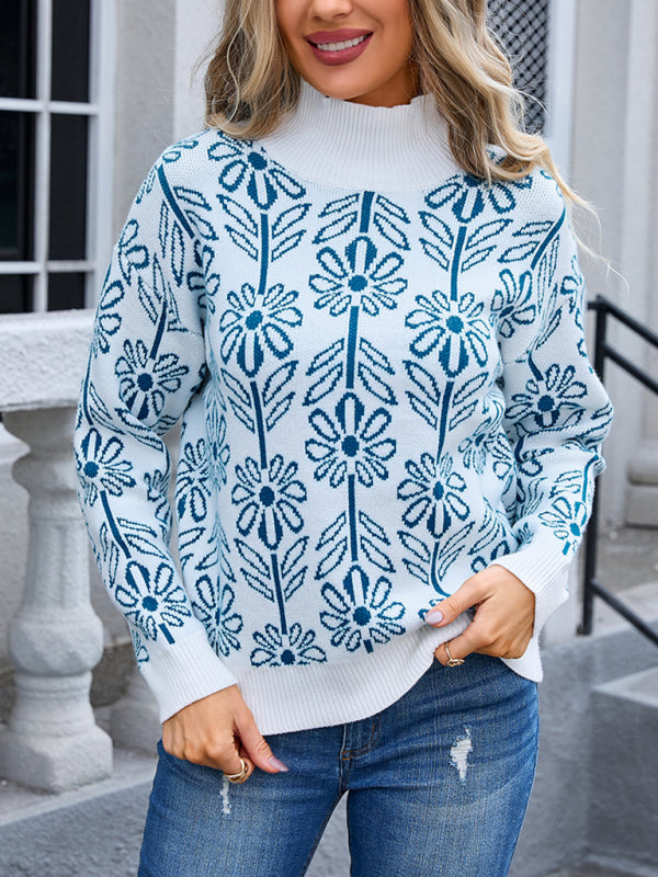 Blue Zone Planet | high collar floral long sleeve sweater-TOPS / DRESSES-[Adult]-[Female]-2022 Online Blue Zone Planet