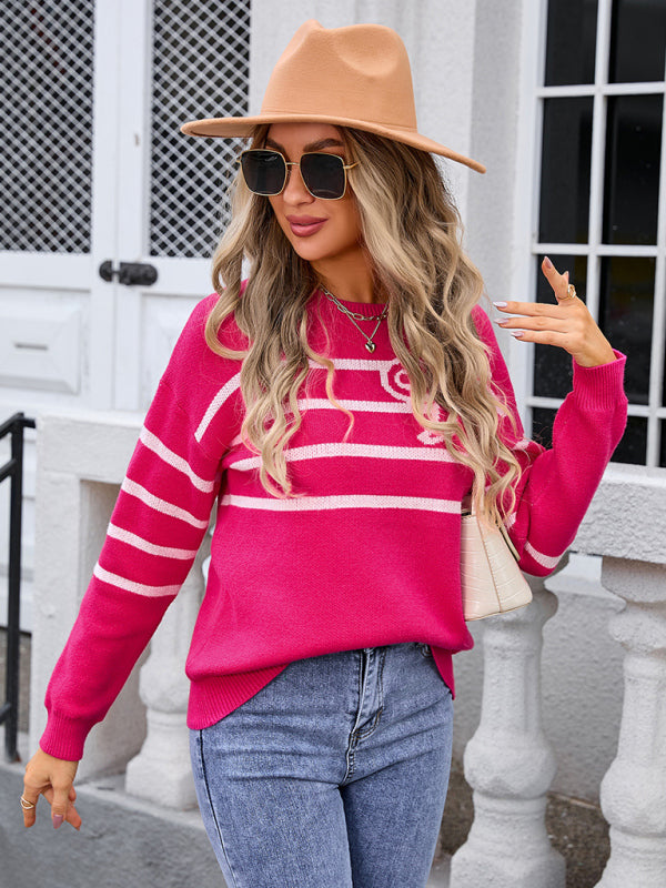 Blue Zone Planet | Striped Bow Round Neck Knitted Sweater-TOPS / DRESSES-[Adult]-[Female]-2022 Online Blue Zone Planet