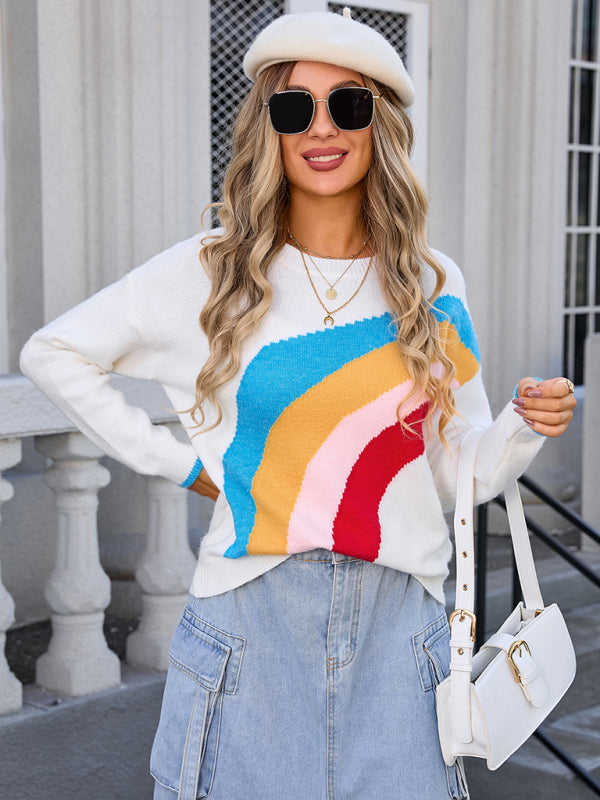 Blue Zone Planet | Rainbow Striped Crew Neck Knitted Sweater-TOPS / DRESSES-[Adult]-[Female]-2022 Online Blue Zone Planet