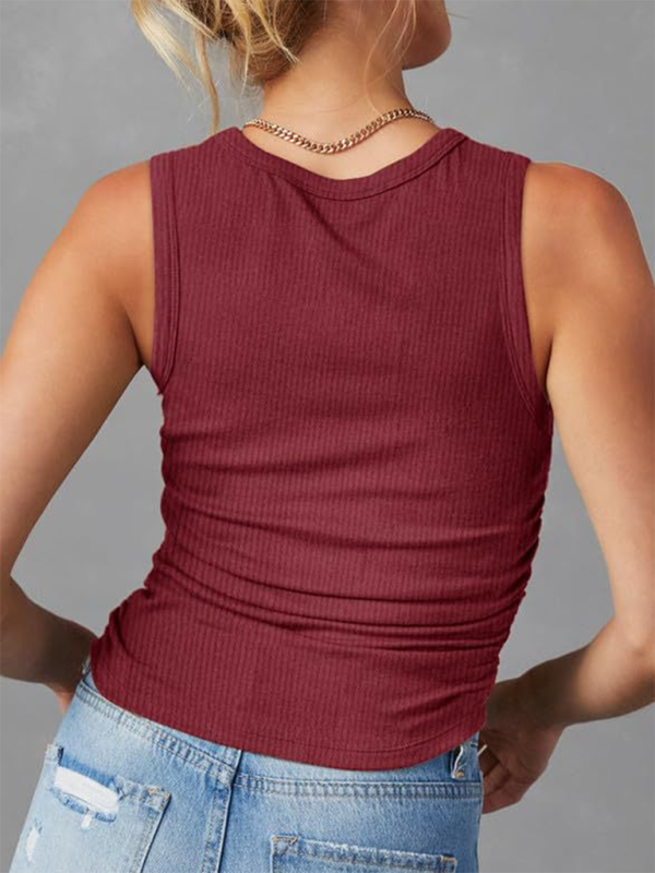 Blue Zone Planet | Sleeveless Knitted Slim Side Pleats Solid Color Round Neck Vest-TOPS / DRESSES-[Adult]-[Female]-2022 Online Blue Zone Planet