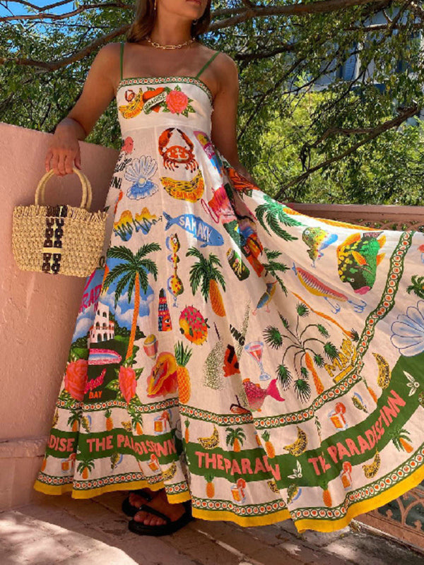 Paradise Vacation Ocean Print Strappy Swing Maxi Dress-[Adult]-[Female]-2022 Online Blue Zone Planet