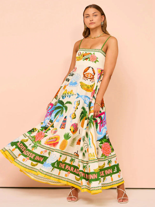 Paradise Vacation Ocean Print Strappy Swing Maxi Dress-[Adult]-[Female]-White-S-2022 Online Blue Zone Planet