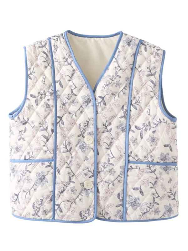 Ladies new style patchwork two button printed vest-[Adult]-[Female]-Blue-S-2022 Online Blue Zone Planet