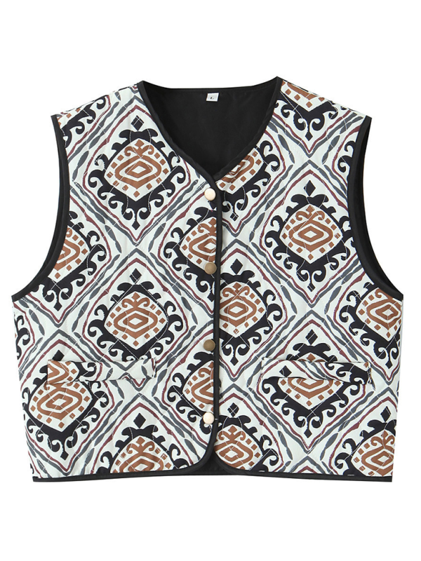 Ladies New Retro Print Quilted Cotton Vest-[Adult]-[Female]-Black-XS-2022 Online Blue Zone Planet