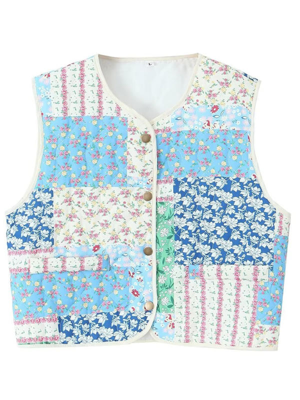 Ladies New Retro Print Quilted Cotton Vest-[Adult]-[Female]-Clear blue-XS-2022 Online Blue Zone Planet