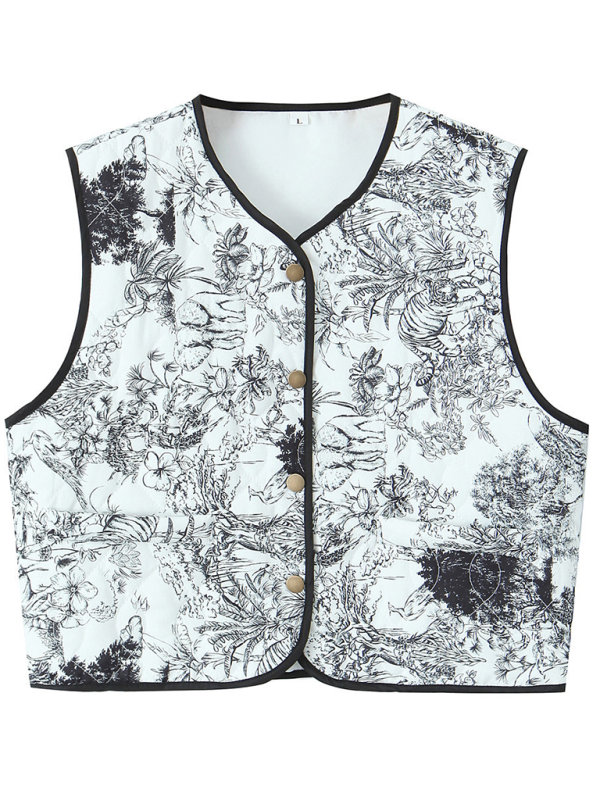 Ladies New Retro Print Quilted Cotton Vest-[Adult]-[Female]-Pattern1-XS-2022 Online Blue Zone Planet