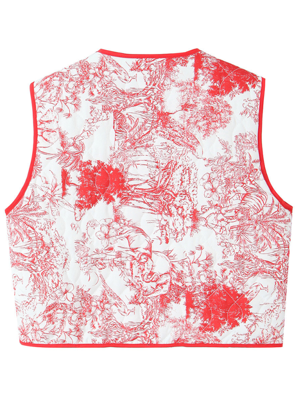 Ladies New Retro Print Quilted Cotton Vest-[Adult]-[Female]-2022 Online Blue Zone Planet