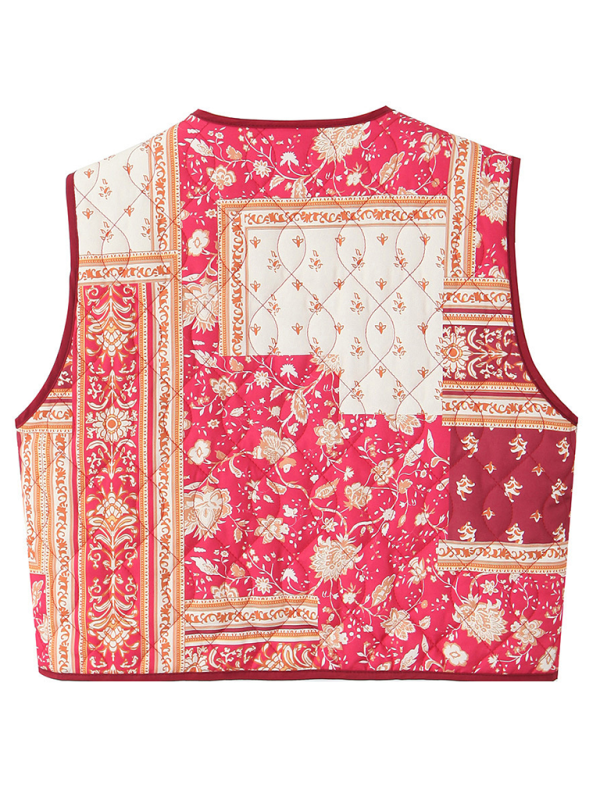 Ladies New Retro Print Quilted Cotton Vest-[Adult]-[Female]-2022 Online Blue Zone Planet