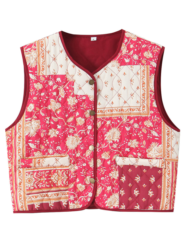 Ladies New Retro Print Quilted Cotton Vest-[Adult]-[Female]-2022 Online Blue Zone Planet