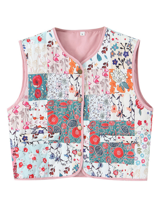 Ladies New Retro Print Quilted Cotton Vest-[Adult]-[Female]-Pastel pink-XS-2022 Online Blue Zone Planet