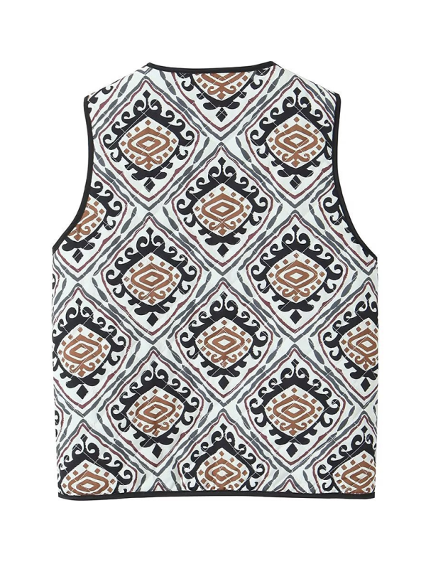 Ladies New Retro Printed Patch Pocket Quilted Cotton Vest-[Adult]-[Female]-2022 Online Blue Zone Planet