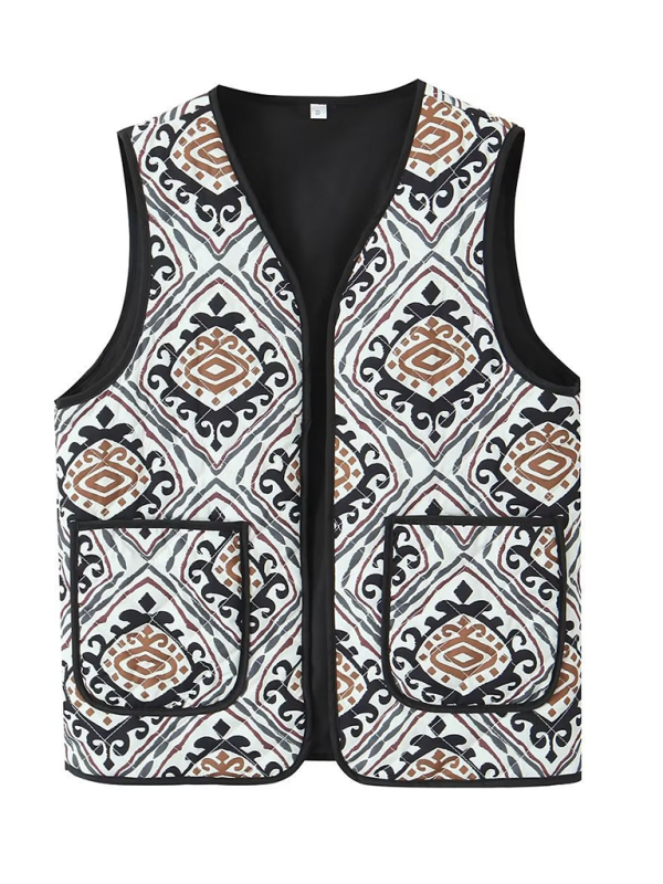 Ladies New Retro Printed Patch Pocket Quilted Cotton Vest-[Adult]-[Female]-Black-XS-2022 Online Blue Zone Planet