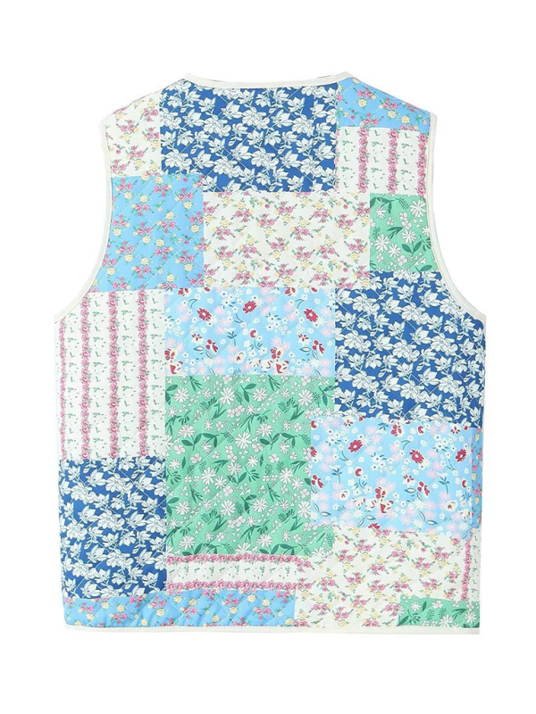 Ladies New Retro Printed Patch Pocket Quilted Cotton Vest-[Adult]-[Female]-2022 Online Blue Zone Planet