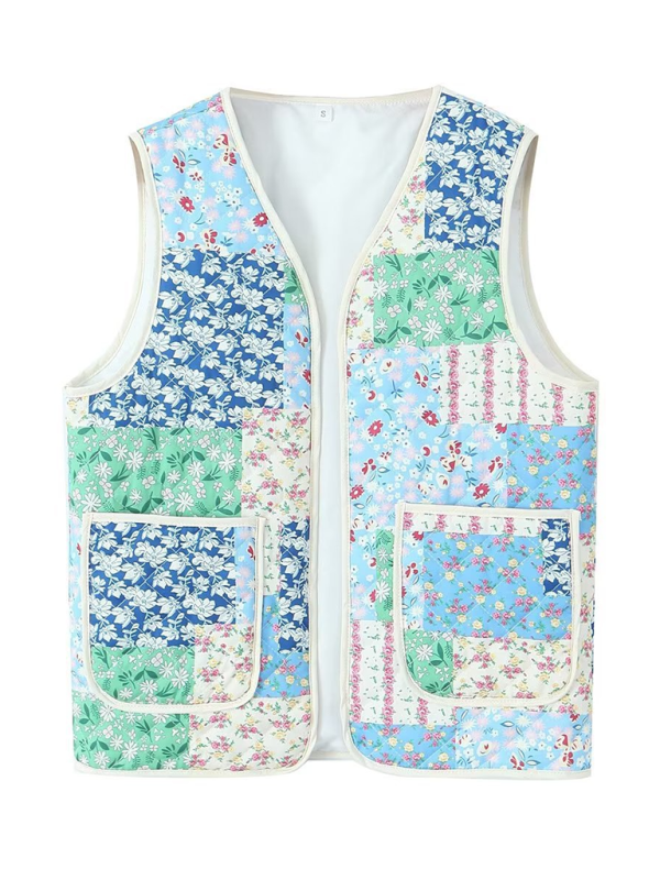 Ladies New Retro Printed Patch Pocket Quilted Cotton Vest-[Adult]-[Female]-Clear blue-XS-2022 Online Blue Zone Planet