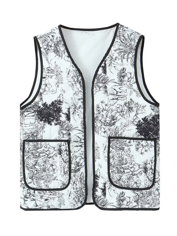 Ladies New Retro Printed Patch Pocket Quilted Cotton Vest-[Adult]-[Female]-Pattern1-XS-2022 Online Blue Zone Planet