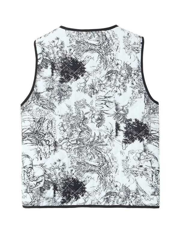 Ladies New Retro Printed Patch Pocket Quilted Cotton Vest-[Adult]-[Female]-2022 Online Blue Zone Planet