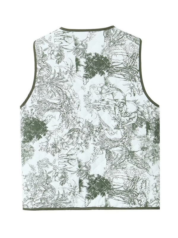 Ladies New Retro Printed Patch Pocket Quilted Cotton Vest-[Adult]-[Female]-2022 Online Blue Zone Planet