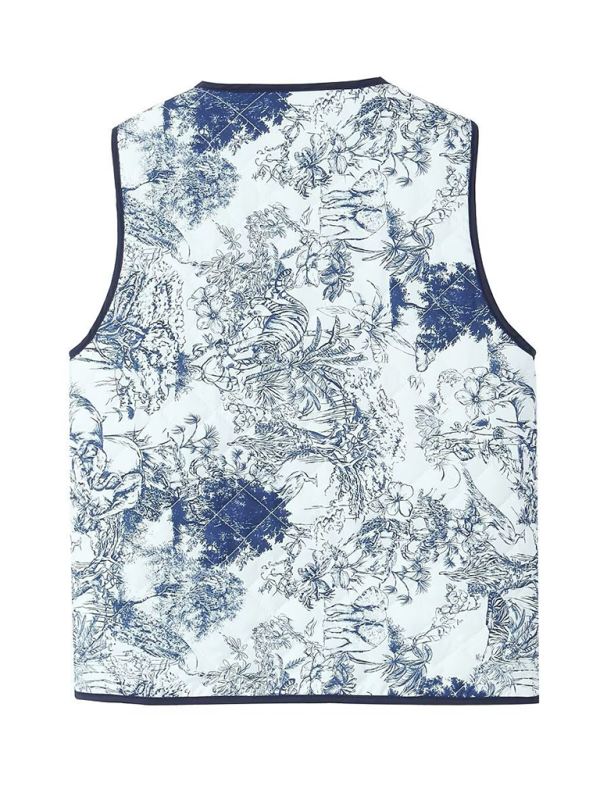 Ladies New Retro Printed Patch Pocket Quilted Cotton Vest-[Adult]-[Female]-2022 Online Blue Zone Planet