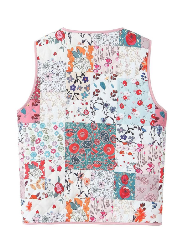 Ladies New Retro Printed Patch Pocket Quilted Cotton Vest-[Adult]-[Female]-2022 Online Blue Zone Planet