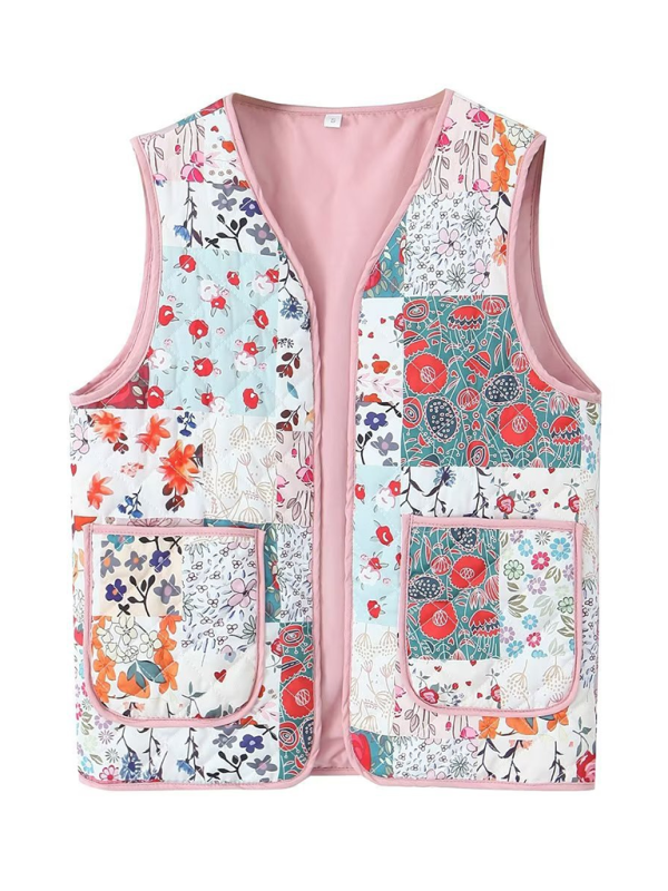 Ladies New Retro Printed Patch Pocket Quilted Cotton Vest-[Adult]-[Female]-Pastel pink-XS-2022 Online Blue Zone Planet