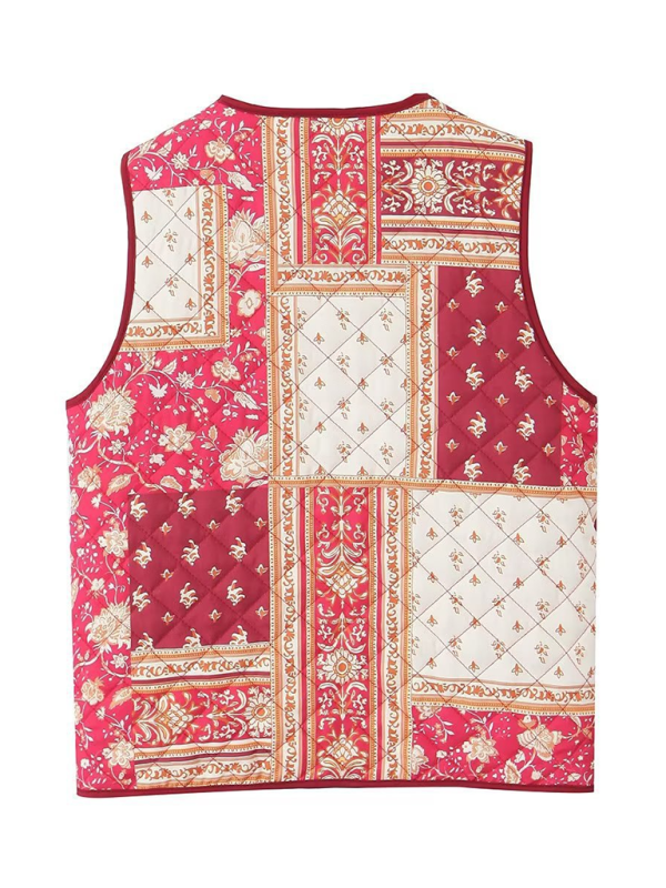 Ladies New Retro Printed Patch Pocket Quilted Cotton Vest-[Adult]-[Female]-2022 Online Blue Zone Planet