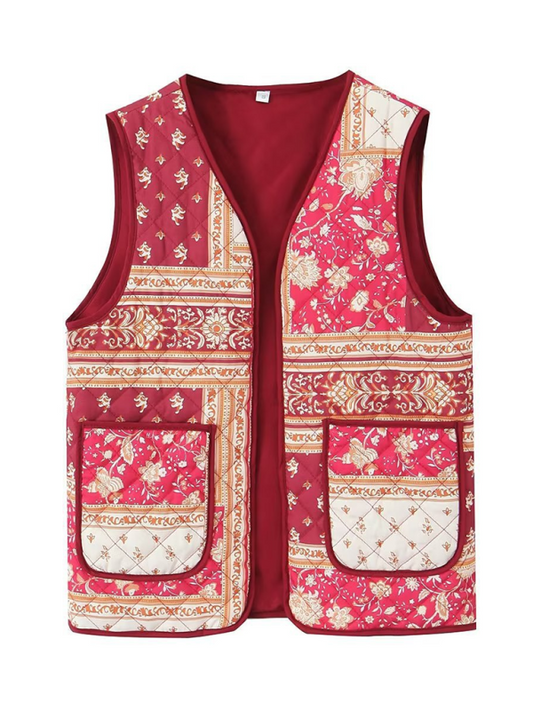 Ladies New Retro Printed Patch Pocket Quilted Cotton Vest-[Adult]-[Female]-Red-XS-2022 Online Blue Zone Planet