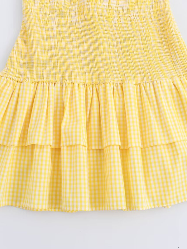 Sally's Yellow Plaid V-neck Bow Spaghetti Strap Mini Dress-TOPS / DRESSES-[Adult]-[Female]-2022 Online Blue Zone Planet