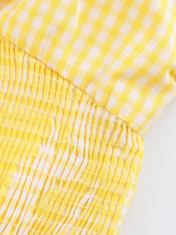 Sally's Yellow Plaid V-neck Bow Spaghetti Strap Mini Dress-TOPS / DRESSES-[Adult]-[Female]-2022 Online Blue Zone Planet