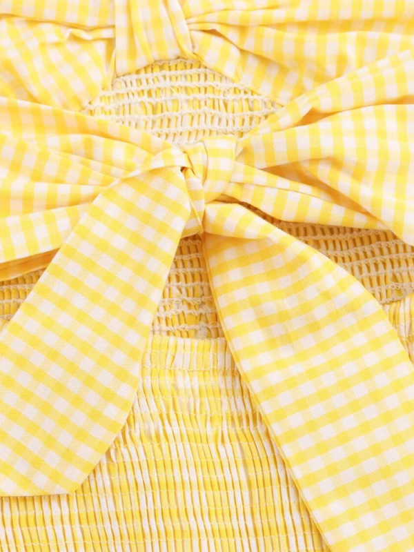 Sally's Yellow Plaid V-neck Bow Spaghetti Strap Mini Dress-TOPS / DRESSES-[Adult]-[Female]-2022 Online Blue Zone Planet